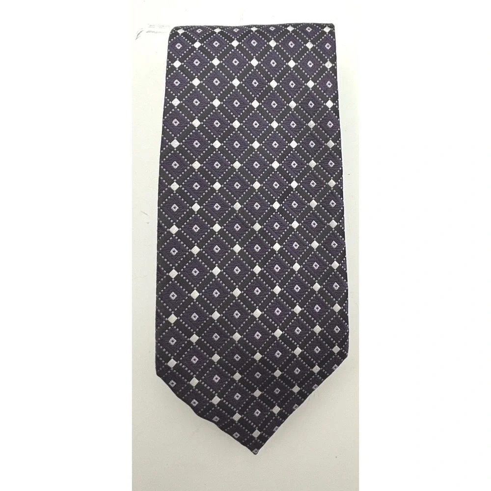 Bergamo Men's 100% Silk Necktie Black Purple Geometric Diamond Made in Italy